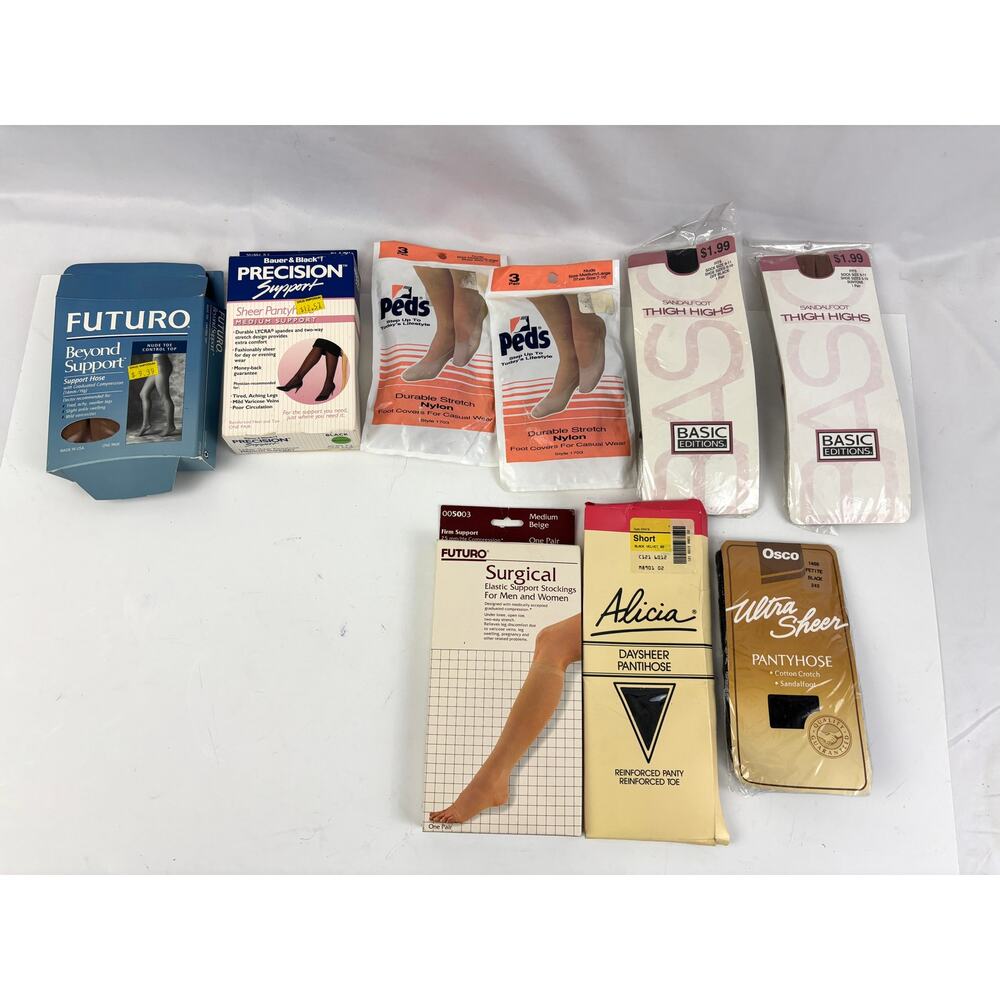 Vtg NOS Hosiery Futuro Bauer Black Basic Peds‎ Pantyhose Thigh Highs Lot of 9